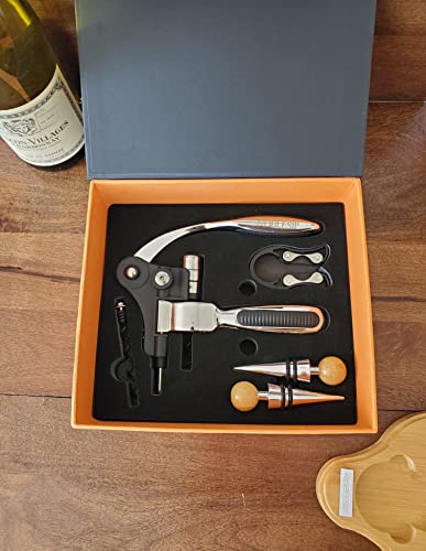 Wine Opener Set With Wood Stand & Gift Box, 𝗣𝗥𝗘𝗠𝗜𝗨𝗠 Noblesip: Rabbit Corkscrew, Foil Cutter, 2 Bottle Stoppers. Easily Removes All Corks, A Great Father's Day Gift. (2023 Upgraded, Chrome Set) #TOP2