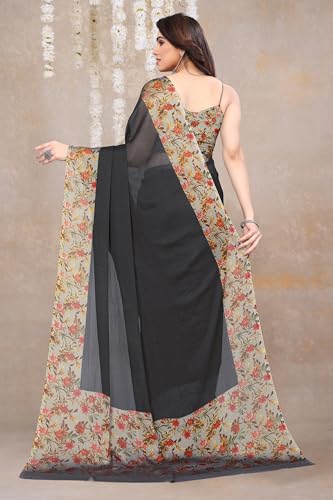 MIRCHI FASHION Women's Chiffon Ajrakh Border Pallu Pririnted Solid Saree with Blouse Piece