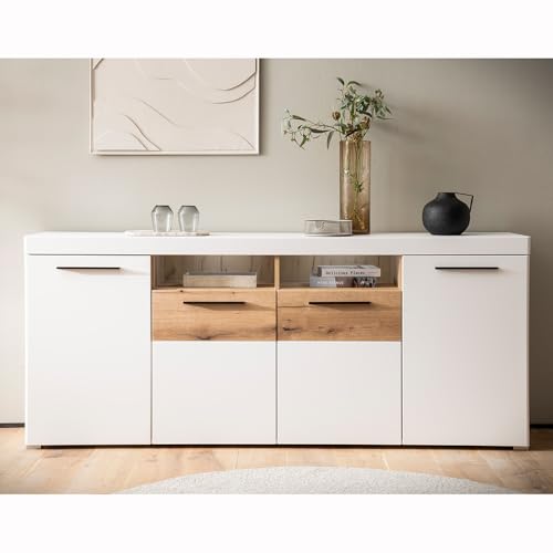 Lomadox Sideboard Anrichte Kommode Schrank inkl. LED Beleuchtung 4 Türen offene Fächer weiß mit Eiche 200x86,1x39,6 cm