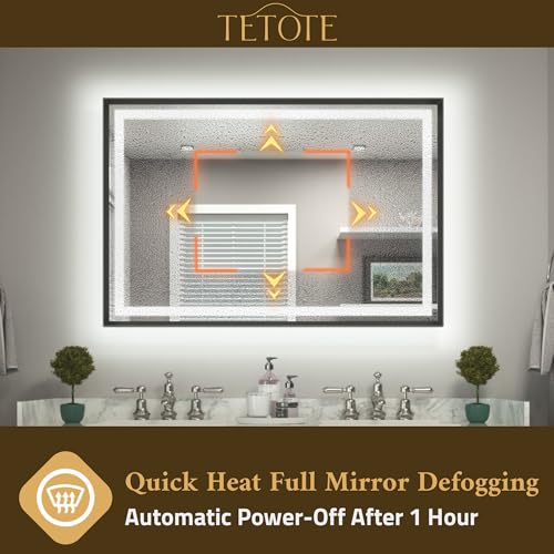 TETOTE 48 x 30 Large Bathroom Mirror Brushed Black Metal Frame Frontlit & Backlit Vanity Mirror 3 Colors White/Warm/Natural Stepless Dimmable Anti-Fog Bathroom Mirrors for Vanity Wall-Mounted