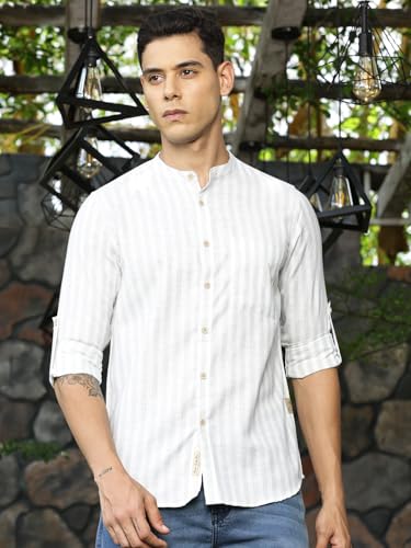 Image of Thomas Scott Men's Slim Fit Cotton Linen Casual Shirt with Mandarin Collar | Vertical Stripes | Three-Quarter Roll-Up Sleeves