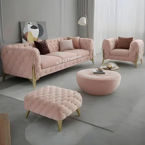 Image of A to Z Furniture Modern Classic Fabric & Valvet Tufted Chesterfield Sofa Living Room and Office (3+1= 4 Seater Sofa Set with Footrest Pink)