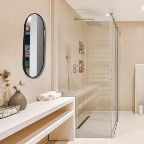 Image of Modern Elegance Capsule Shape Wall-Mounted Mirror Metal Framed Wall Mirror Bathroom Mirror Living Room Mirror Home Decor Mirror 24 x 48 Inches Black MF 105