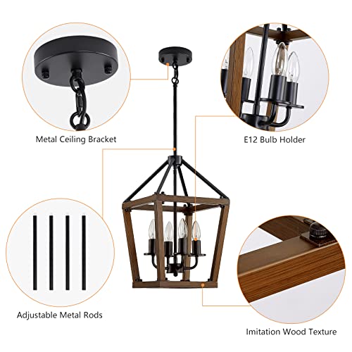 Linsly Rustic Chandelier,4-Light Farmhouse Chandelier,Imitation Oak Wood Farmhouse Pendant Light Fixture, Adjustable Vintage Iron Lantern Chandelier For Dining Room,Entryway,Kitchen Island #TOP3