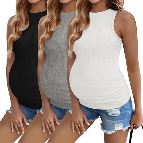 Ekouaer Womens Maternity Tank Tops Ribbed 3 Pack Pregnancy Workout Shirts Summer Mama Clothes M