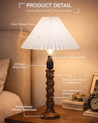 Image of Homesake Classic Twister Wooden Table Lamp with Shade | Handcrafted Bedside Lamp, E27 Holder| Bulb Included |Warm Light Night Lamp, Bedroom, Living Room, Study & Home Decor, (Pleated White)