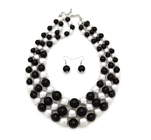 Women's Simulated Faux Three Multi-Strand Pearl Statement Necklace and Earrings Set (Black + White)
