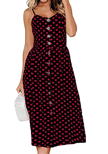 Image of YMING Womens Summer Spaghetti Strap Dresses Button Down Floral Sundress High Waist Swing Midi Dress with Pockets