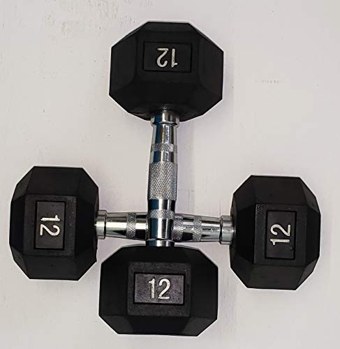 TDS 12 lb Rubber hex Dumbell with Chrome Plated Solid Contour Shape Steel Handle Sold AS A Pair (Pair)