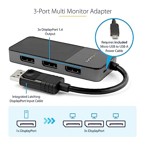 Image of StarTech.com 3-Port DisplayPort 1.4 Splitter, DisplayPort to 3x DP Multi-Monitor Adapter, Triple 4K Computer MST Hub, USB Bus-Powered, Windows Only (MST14DP123DP)