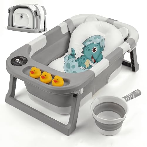 Image of Collapsible Baby Bathtub for Newborn Infant Girl & Boy 0-24 Months, Foldable Portable Bathtub with Thermometer, Heat Sensor, Drain Plug, Water Scoop, Dino Cushion Pillow, Travel Bath Tub for Shower