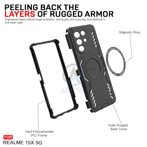 Image of AESTMO Back Case Cover for Realme 15X 5G / C85 5G | Magnetic Case with Built-in Metal Ring | Compatible with MagSafe Accessories | Shockproof Hybrid (PC + TPU, Black)