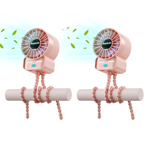 Image of 2 Pack Multifunctional Portable Stroller Fan 4 Speed 6600rpm High Speed Usb Rechargeable Personal Mini Handheld Fan Extended Tripod For Desktop Winding Kids Bed Treadmill Bike Golf Cart Outdoor Travel