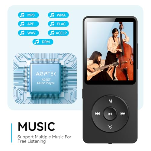 Image of AGPTEK A02 MP3 Player with Bluetooth 5.3, 1.8'' 16GB Portable Music Player | with Speaker, FM Radio, Voice Recorder, Supports Expanded Up to 128GB(Black)