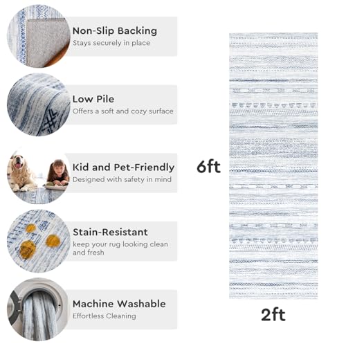 2x6 Runner Rug Machine Washable Non Slip Area Rug Distressed Neutral Moroccan Boho Rug Ultra Soft Floor Runners for Hallways for Entryway Laundry Room Kitchen, Blue