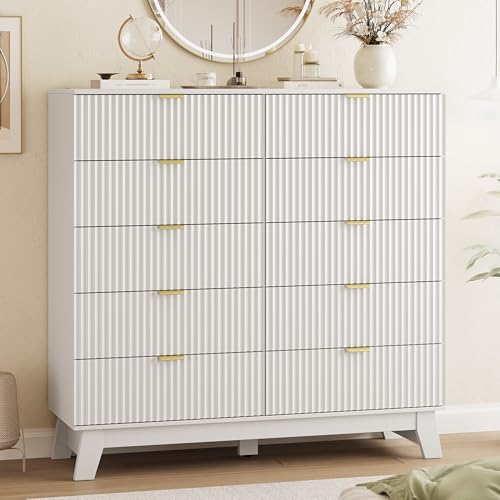 Image of Xixini Fluted Dresser for Bedroom with 10 Drawers, 48 inch Wide Modern Chest of Drawers with Metal Handle, Wooden Dresser TV Stand, Wood Closet Clothes Storage Organizer for Living Room, Hallway, White