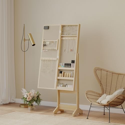 HOMCOM Espejo Joyero con Luces LED, Armario para Joyas, Armario Joyero de Pie con Espejo Entero, Ángulo Ajustable, con Estantes, Ranuras para Anillos, Madera Natural - imagen 8