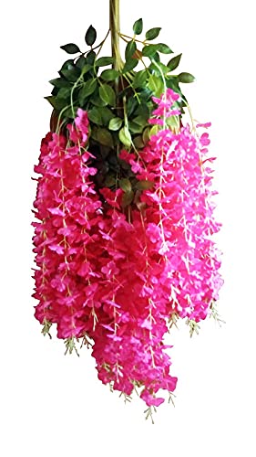 Image of Artificial Hanging Wisteria Flower Vine, Pack of 6, Dark Pink