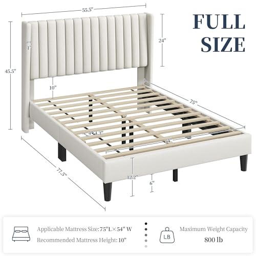 Image of Yaheetech Full Bed Frame with Headboard,Ivory Channel-Tufted Platform