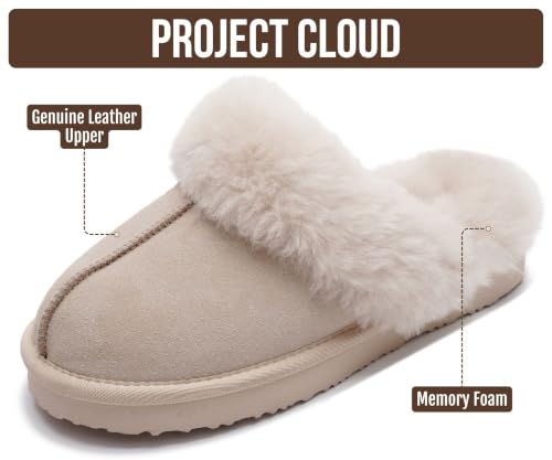 Image of Project Cloud Genuine Leather Slippers for Women with Genuine Fur Lining, Non-Slip Indoor /Outdoor Clog Mule Slippers, Memory Foam Insole