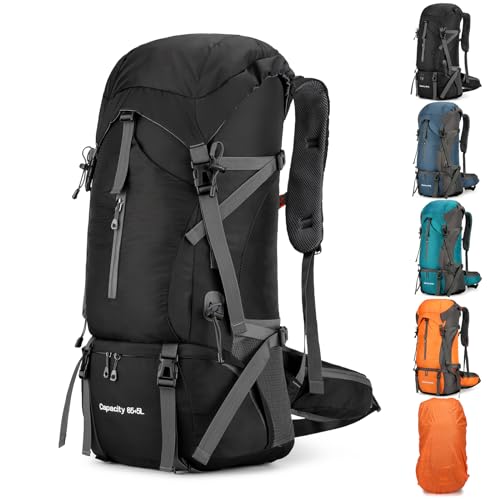 OKYUK 70L Hiking Backpack, Camping Hiking Back Pack, Water Resistant Lightweight Mountain Climbing Bag, Outdoor Camping Sport Daypack with Rain Cover, for Travel, Touring, Cycling (Black, 70L)