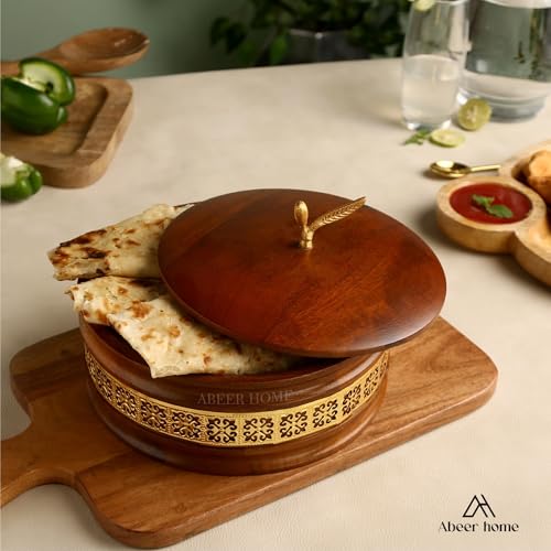 Image of Handcrafted Premium Wooden Roti Casserole, Roti Box, Chapati Box, Hotpot roti Box with Gold Leaf Knob with Lid (9x9x4 Inch)