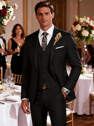 Image of Wangyue Mens Suit 3 Piece Slim Fit Suit for Men Formal Business Suit Wedding Groom Prom Tuxedo Dinner Party