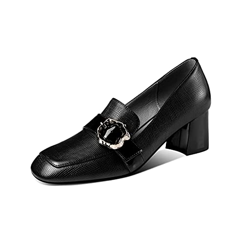 TinaCus Women's Genuine Leather Handmade Block Heel Square-Round Toe Slip On Stylish Buckle Dress Pumps