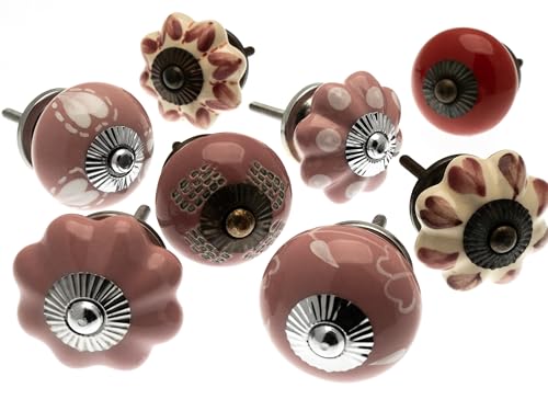 Mango Tree™, Lot de 8 (MG-751) Boutons de meuble en forme de jolis cœurs et marguerites roses en céramique et verre –