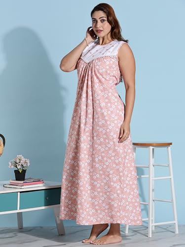 Image of 9shines Label Cotton Sleeveless Nighty | All Over Print Maxi Night wear for Women | Full Length Night Gown Night Dress for Women Stylish (Cotton Sleeveless 25)