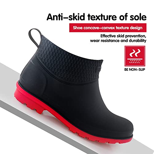 Crazynekos Mens Rain Ankle Boots Pvc Waterproof Rubber Boots Non-Slip Rubber Boots Kitchen Garden Shoes (Black-Red,7,7) #TOP3