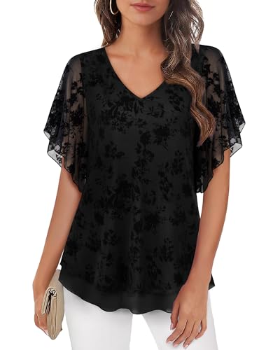 Furnex Blouses for Women Dressy Casual,Double Layers Mesh Elegant Summer Blouses,Short Sleeve V Neck Women's Tunic Tops
