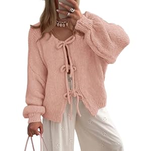 PRETTYGARDEN Women’s Tie Front Bow Cardigan Sweaters Chunky Knit Long Puff Sleeve Trendy Fall Winter Jacket Coats
