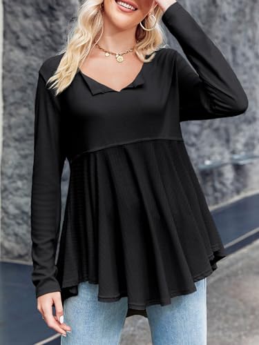 Tankaneo Womens Babydoll Tops V Neck Long Sleeve Shirts Peplum Tunic Top Flowy Work Casual Blouses Loose Fit 20243