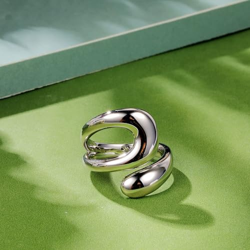 MDFUN 18K White Gold Plated Chunky Irregular Band Open Statement Rings Adjustable Ring Jewelry for Women3