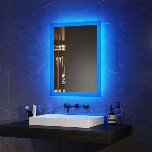 EMKE Specchio da bagno Bluetooth con presa per rasoio, 450 x 600 mm, blu, illuminato, con 3 tonalità di colore, dimmerabile, funzione memoria, antiappannante, da parete, per bagno