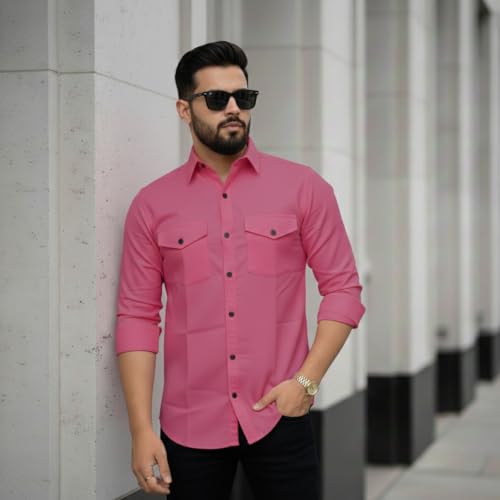 Image of DEELMO Men's Classic Cotton Blend Slim Fit Shirt || Full Sleeve Button-Down Casual Shirt with Dual Flap Pockets || Soft Breathable Fabric || Ideal for Office Party and Everyday Wear