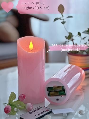 Image of Adoria Large Pink Flameless Candles Pack of 2, 7 inch Height | Pink Pillar candles set 2 Rose Scented, Home Decor, Camping, Loving