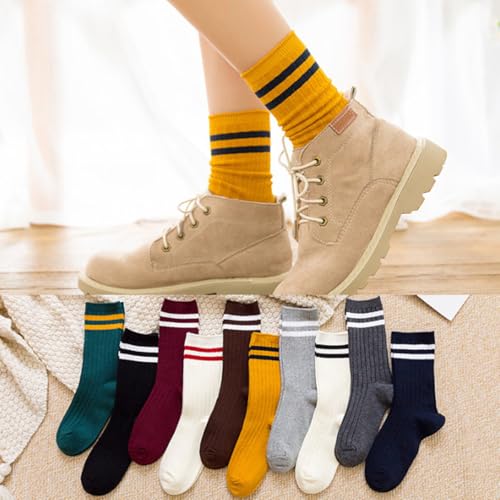 10 Pairs Womens Striped Crew Socks Vintage Striped Crew Socks Fashion Retro Long Socks For Women and Men,Random Color3