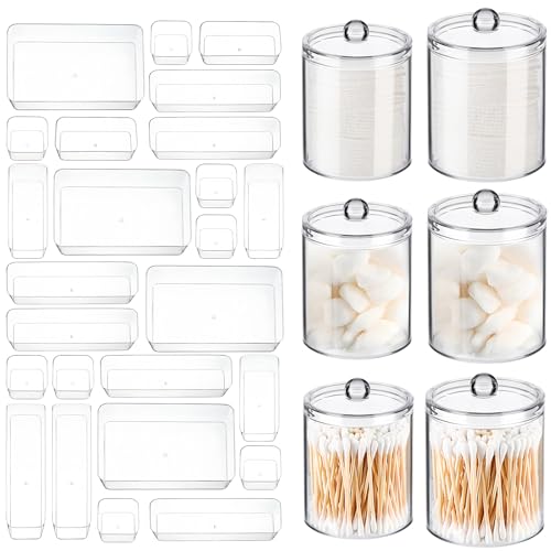 Teenyyou 30 Pcs Clear Makeup Desk Drawer Organizer Set Include 24 Pcs Plastic Stackable Makeup Tool Desk Drawer Organization Trays 10oz 12oz Cotton Swab Ball Holder Jars for Beauty Storage Bathroom