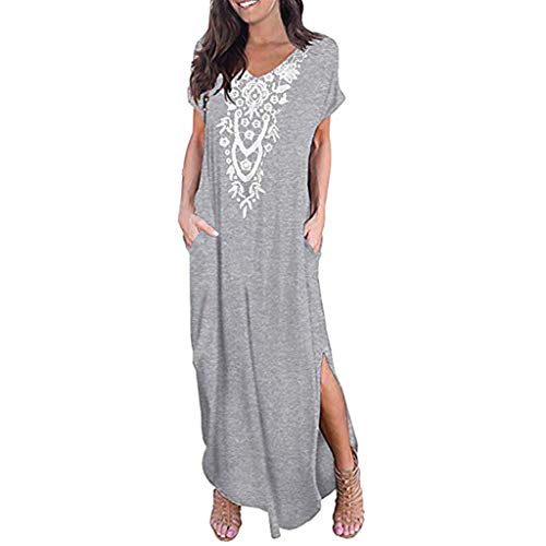 LEvifun Vestido de Mujer Verano Flojo Casual Largo Imprimiendo Mangas Corta Imperio Otoño e Invierno Retro Vestidos Asimetricos Holgado Cóctel Talla Grande Oversize Maxi Dress