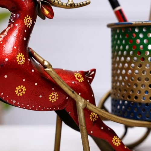 Image of Deer Pen Stand Metal Desk Organiser, Bronze Antique Finish 3-in-1 Pencil Holder Table Showpiece for Office Table Decor, Corporate Bulk Gifting Object (25x10x15 cm)