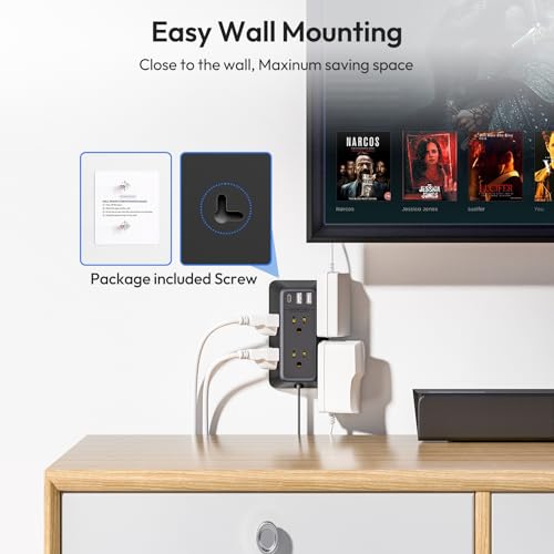 NTONPOWER Multitoma de enchufes plano con 6 tomas y 3 puertos USB (1 USB C), extensión negra de 1.52 metros montable en pared para hogar y oficina miniatura 5