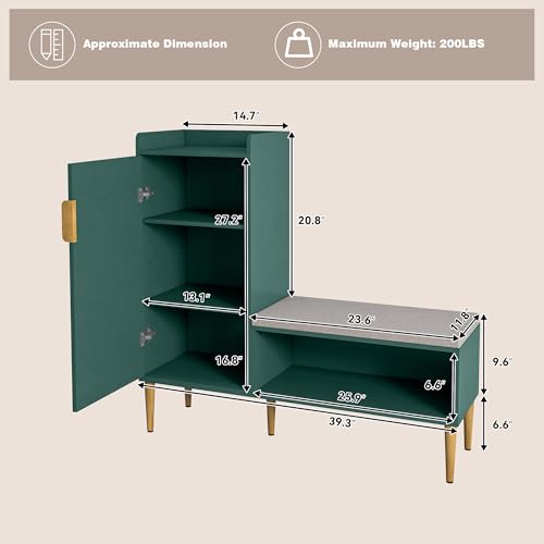 Image of Storage Bench with Fluted Door&Shelf, L-Shaped Entryway Bench | Green Modern Living Room Bench with Padded Seat, Small Shoe Organizer Cabinet for Hallway, Office