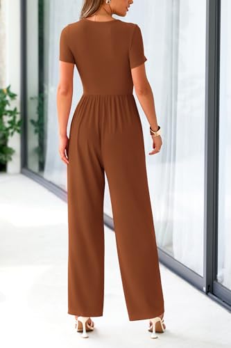 PRETTYGARDEN Women's Summer One Piece Jumpsuits Dressy Casual Short Sleeve Square Neck Wide Leg Rompers Travel Outfit Clothes (Brown,X-Large) — view 2