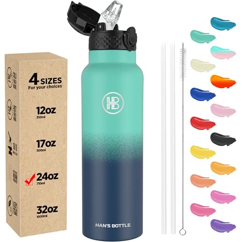 Image of Han's Bottle Sports Water Bottle - 24 Oz, Straw Lid, Leak Proof, Vacuum Insulated Stainless Steel, Double Walled, Thermo Mug,Gradient Blue