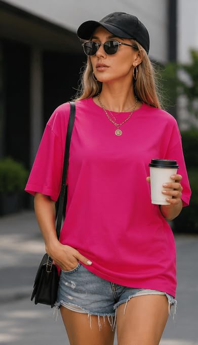 Image of London Hills Women's Cotton Loose Casual Round Neck Solid, Drop Shoulder T-Shirt Pack of 2