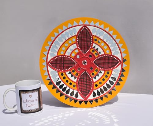 Image of Ethnics of Kutch Traditional Kutch Handicraft Mud-Mirrorwork Lippan Kam Wall Art (Water and Break Resistant) - Round (12 Inch Diameter) - (Yellow LKT-0275)