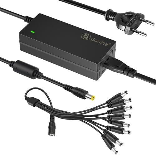 Gonine Fuente de alimentación 12V 5A 60W para cámara de vigilancia con Enchufe de 2 Polos 100 V-240 V CA a CC con Cable Distribuidor de 8 Polos para cámara de vigilancia CCTV DVR, Tira de Luces led