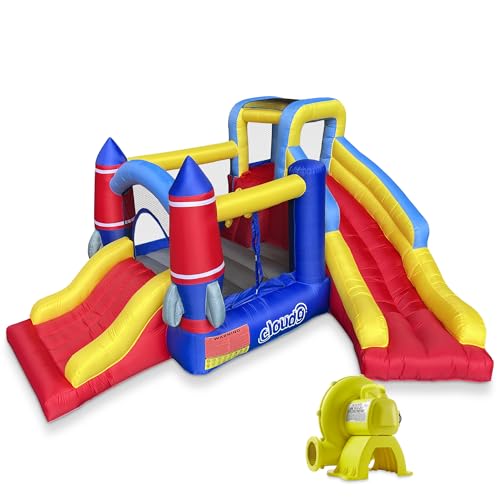 Cloud 9 Inflatable Rocket Bounce House with Blower, Bouncer for Kids with Two Slides and Large Jumping Area